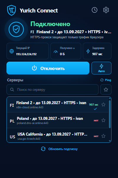 Окно расширения Yurich Connect в подключённом состоянии